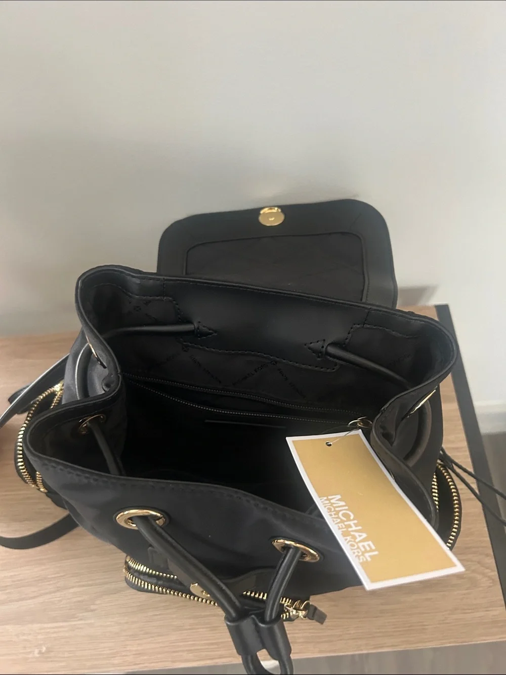 Michael Kors Black Nylon Drawstring Backpack with Gold Logo
